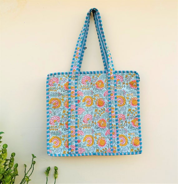 TOTE BAG - Quilted Cotton Block Printed Large Tot… - image 10