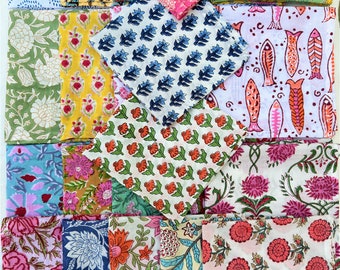 Déchets imprimés à la main indienne - Fat Quarter Bundle - Tissu réutilisable - Patchs en coton - Restes de tissu - Tissu de vêtements impri