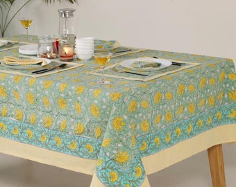 Vintage Hand Block Print Tablecloth, Cotton Rectangle/Square Table Cloth With Runner/Napkins/Placemat Wedding Table Decor Boho Table Cover