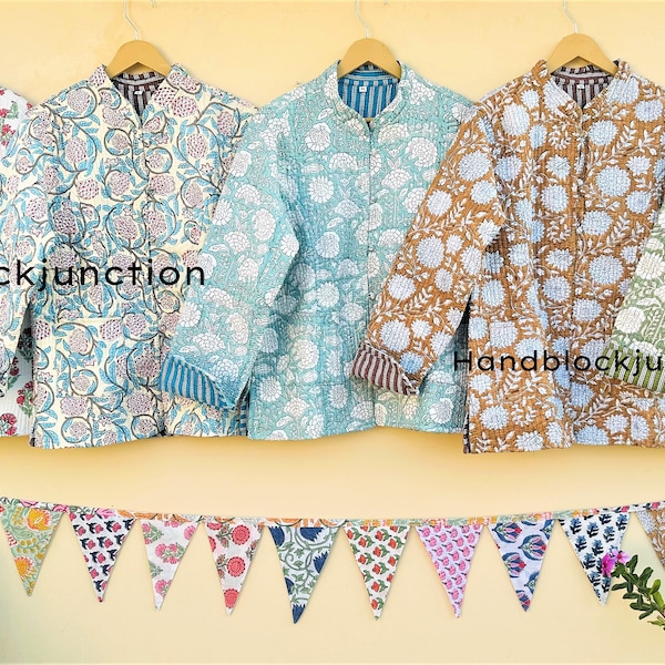 Cotton Quilted Jacket / Indian Hand Block Reversible Jackets / Boho New Style Short Jacket / Vintage Kantha Coat / Floral Print Women Jacket