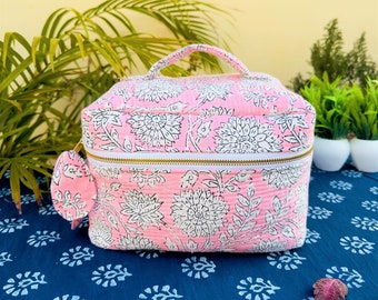 Handmade Quilted Vanity/Makeup Bag | Block Printed Cotton Pouch Bag | Cosmetic Bag | Accessory Toiletry Bag | Makeup Organizer Holiday Gift