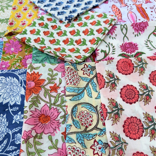 10 PC Fat Quarter Bundle / Indian Block Print Fabric Bundle / Quilting Cotton Scrap Bundle / Crafting Fabric of India / Flower Fabric Scrap