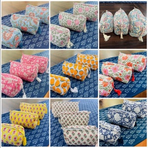 Quilted Toiletry Bags/ Hand Block Makeup Bag/ Cosmetic Bag/ Travel Pouch Case/ Floral Toiletry Organizer Zipper Closure.