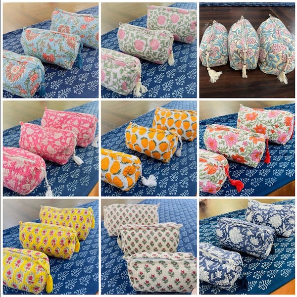 Quilted Toiletry Bags/ Hand Block Makeup Bag/ Cosmetic Bag/ Travel Pouch Case/ Floral Toiletry Organizer Zipper Closure.