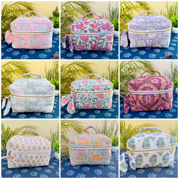 Hand Block Quilted Cosmetic Bag | Large Vanity Bag | Makeup Bag | Handmade Pouch Bag | Holiday Travel Toiletry Organizer Accessory Bag
