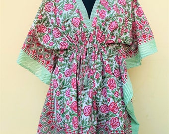 Cotton Handmade Kaftan Dress Long Top Caftan / Dress Beach Cover up / Flower Block Printed Sleepwear Maxi Dress Kimono Robe Plus Size