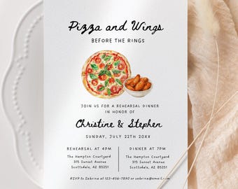 Pizza and Wings Before the Rings Rehearsal Dinner Invitation Template, Casual Wedding Rehearsal Invite, Pizza Party Rehearsal Dinner, Canva