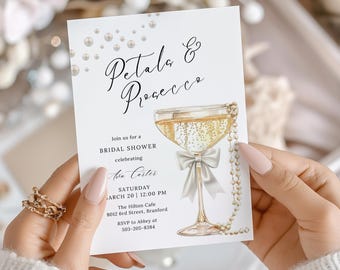 Bloemblaadjes en prosecco bruids douche uitnodiging sjabloon, champagne bruids douche uitnodiging, moderne elegante uitnodiging met parelstrik, digitale download