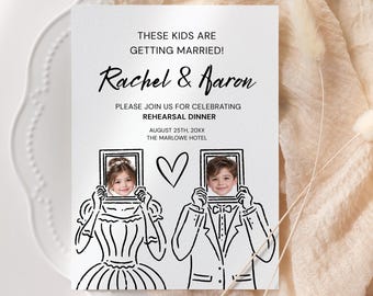 Rehearsal Dinner Invitation Template, These Kids Are Getting Married Wedding Invite, Personalized Childhood Photo Invite, Editable Canva