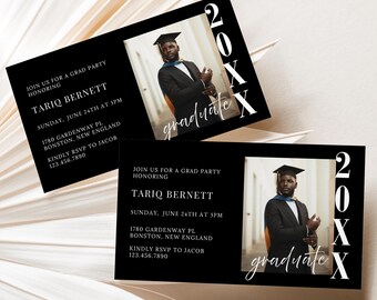 Minimalistische Black Grad-uitnodiging met foto, moderne College afstudeeraankondiging, Grad Party insteekkaart afdrukbare, 2026 Grad-feestuitnodiging, canvas