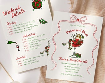 Merry & Bride Christmas Bachelorette Party Invite Itinerary Template,Editable Christmas Bridal Shower,Festive Woman in Martini Glass Design