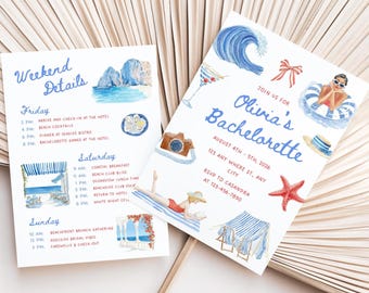 Uitnodigingen vrijgezellenfeest strand en route, Italiaanse Rivièra, mediterrane zomer, retro preppy strand, bewerkbaar canvas, digitale download