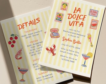 La Dolce Vita vrijgezellenfeest uitnodiging sjabloon, Italië vrijgezellenfeest uitnodigen, Amalfikust bruidsweekend, Middellandse Zeekust, bewerkbaar canvas