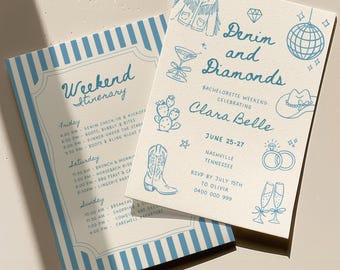 Denim and Diamonds Bachelorette Invitation, Last Rodeo Nashville Itinerary Template, Disco Cowgirl Glam Bach Trip, Digital Download, Canva