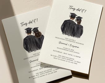 Afro-Amerikaanse paren afstuderen uitnodiging sjabloon, aquarel afstudeeraankondiging, bewerkbare dubbele Graduate Party uitnodiging, ze deden het