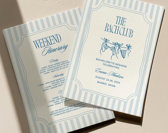 The Bach Club Bachelorette-uitnodiging en weekendroute, Italiaanse zomerstrandthema-uitnodiging, blauwe streep, canvassjabloon, digitale download