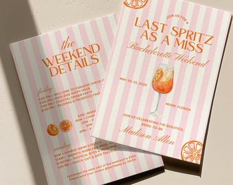 Last Spritz as a Miss Invitation  Bachelorette Weekend Itinerary, Pink and Orange Citrus Bridal Shower Invite, Summer Beach Party, Canva