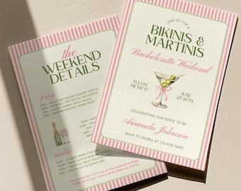 Bikinis & Martinis Invitation Green Pink Stripes Bachelorette Weekend and Itinerary, Kinis and Tinis Theme, Girls Weekend, Hen Party, Canva