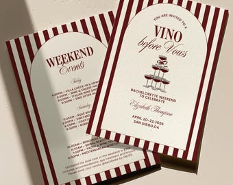 Vino Before Vows Bachelorette Invitation & Itinerary Template, Champagne Tower, Burgundy Red Stripes, Modern Minimalist Bridal Shower, Canva