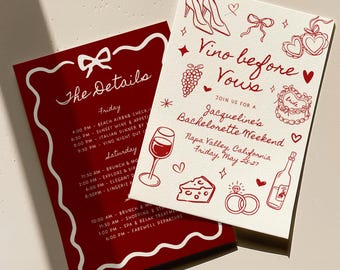Vino before Vows Bachelorette Party Invitation & Itinerary Template, Hand Drawn Wine Bach Weekend Invite, Winery Wine Tasting Bridal Party