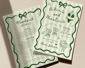 Hand Drawn Bikinis and Martinis Bachelorette Party Invitation, Coastal Green Stripe Bachelorette Weekend Itinerary Bundle, Preppy Hen Party
