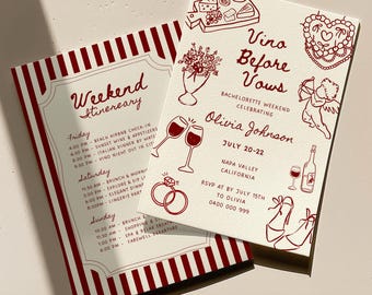 Vino Before Vows Bachelorette Invitation & Itinerary, Wine Testing Bridal Shower Invite, Hand Drawn Whimsical Bachelorette Weekend Template