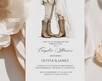 Western Boots Couples Shower Invite, Rustic Boots & Veil, Neutral Country Wedding Shower, Printable Bridal Shower, Editable Canva Template