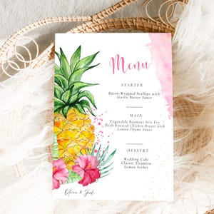 Tropical Wedding Menu Template, Tropical Menu Template,Elegant Pineapple & Hibiscus Design for Events,Customizable Tropical Menu Card, Canva