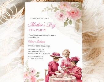 Mother's Day Tea Party Invitation Template, Vintage Victorian Watercolor High Tea Invite, Floral Garden Party , Pink Rose, Digital Download
