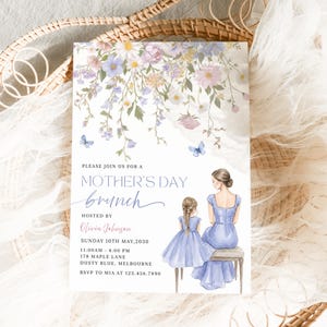 May include: A Mother's Day brunch invitation with floral and butterfly illustrations. The invitation features a watercolor design with text that reads "PLEASE JOIN US FOR A MOTHER'S DAY brunch". The invitation includes the date, time, location, and RSVP information.