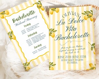 Sjabloon vrijgezellenfeest Amalfikust, uitnodiging voor citroenbruidsweekend, checklist La Dolce Vita-route en verpakking, thema Italië, Canva