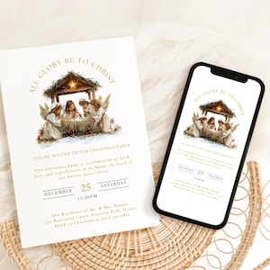 Pode incluir: Um convite para uma festa de Natal e um smartphone exibindo o mesmo design. O convite e a tela do telefone apresentam uma ilustração da natividade com o texto "ALL GLORY BE TO CHRIST". O convite inclui detalhes do evento.