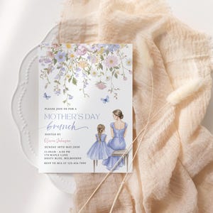 Mother's Day Brunch Invitation Template,Watercolor Wild Flower Invite, Editable Dusty Blue Garden Party, Mom & Daugther, Digital Download image 5