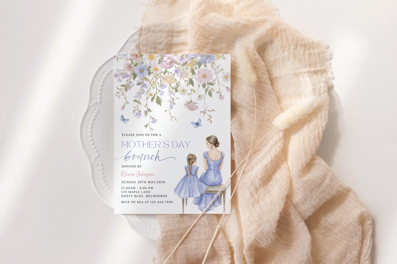 Mother's Day Brunch Invitation Template,Watercolor Wild Flower Invite, Editable Dusty Blue Garden Party, Mom & Daugther, Digital Download image 5