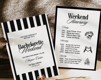 Halloween Bachelorette Invitation Template, Spooky Bachelorette Weekend Itinerary, Til Death Do Us Party, Gothic Minimalist, Editable Canva