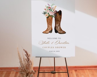 Western Couples Shower Welcome Sign, Floral Cowboy Boots, Co-Ed Bridal Boots Invite,Rustic Engagement Party,Digital Download,Editable Canva