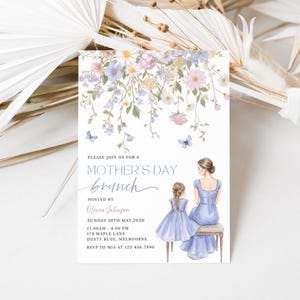 Mother's Day Brunch Invitation Template,Watercolor Wild Flower Invite, Editable Dusty Blue Garden Party, Mom & Daugther, Digital Download image 3