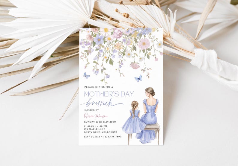 Mother's Day Brunch Invitation Template,Watercolor Wild Flower Invite, Editable Dusty Blue Garden Party, Mom & Daugther, Digital Download image 3