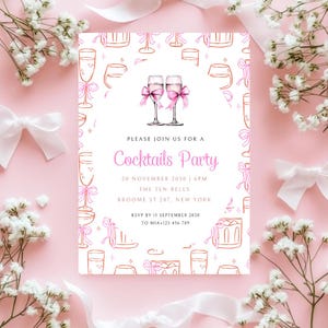 Chique sjabloon uitnodiging cocktailparty roze champagneglas digitale uitnodiging Happy Hour, Girls Night uitnodigingskaart Drinks Party Celebration