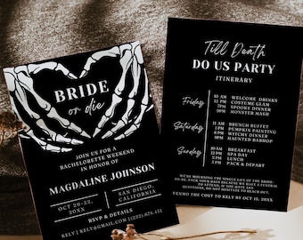 Bride or Die Bachelorette Itinerary Template, Til Death Bachelorette Party Editable Invitation, Bachelorette Weekend Itinerary Gothic,Canva