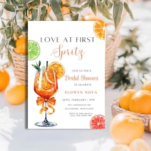 Liebe auf den ersten Blick Spritz Brautdusche Einladung Orange Zitrus Cocktail Canva Printable Sommer Junggesellinnenparty Cocktail Thema Brautdusche