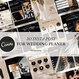 以下が含まれることがあります： ウェディングプランナー向けのInstagram投稿テンプレートのコレクション。デザインは、結婚式関連のアイコン、写真、テキストオーバーレイなど、テキストとグラフィックを備えたさまざまなレイアウトを備えています。配色は主に黒、白、ベージュです。