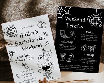Halloween Bachelorette Party Invite, Hand Drawn Last Boo Before I Do Bachelorette Itinerary Template, Spooky Adult Ghost Girls Night Out
