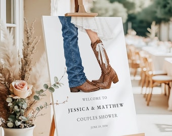 Western Couples Shower Welcome Sign Template,Country Wedding Shower Invite,Rustic Cowboy Boots Bridal Shower,Editable Canva,Digital Download