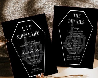 RIP Single Life Bachelorette Invitation, Halloween Bridal Weekend Invite, Gothic Coffin Invitation Template, Spooky Hen Party,Editable Canva