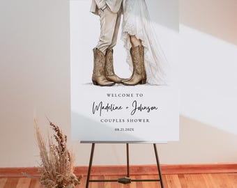 Boho Couples Shower Welcome Sign, Neutral Country Wedding Shower, Western Bridal Shower, Cowboy Boots, Lace Gown, Editable Canva Template