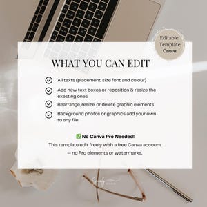 May include: A laptop keyboard is partially visible in the top left corner. A white rectangle contains text: "WHAT YOU CAN EDIT" followed by bullet points describing editing options. The text "Editable Template Canva" is in a circle. The text "No Canva Pro Needed!" is also present.