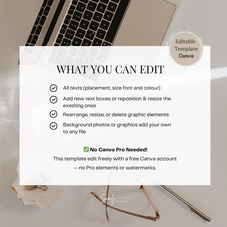 May include: A laptop keyboard is partially visible in the top left corner. A white rectangle contains text: "WHAT YOU CAN EDIT" followed by bullet points describing editing options. The text "Editable Template Canva" is in a circle. The text "No Canva Pro Needed!" is also present.