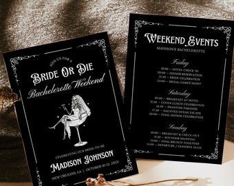 Halloween Vintage Victorian Bachelorette Party, Gothic Skeleton Bride or Die Invitation, Til Death Do Us Party Weekend Itinerary, Canva
