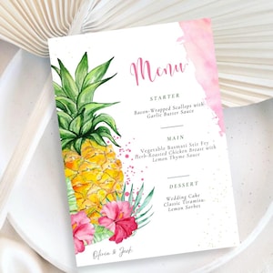 Modèle de menu tropical, modèle de menu de mariage tropical, design élégant ananas et hibiscus pour événements, carte de menu tropical personnalisable, toile